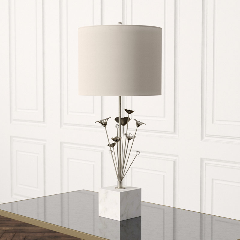 Table Lamp, Burnished Silver Leaf/White Marble, Cream