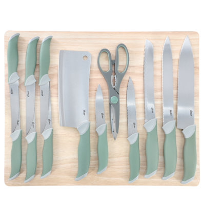 Oster Linbergh 14 Piece Stainless Steel Cutlery and Cutting Board Set in Green with SoftGrip Handles