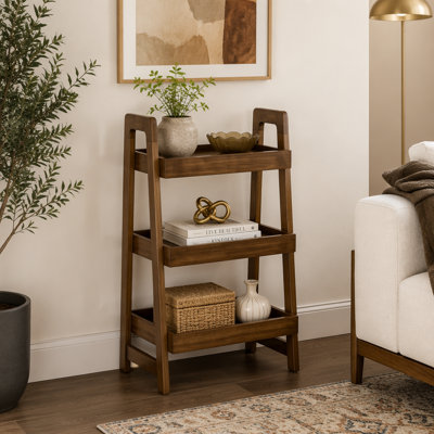 Étagère échelle 100% bois massif, bibliothèque autoportante à 3 niveaux avec rangement ouvert, table d'appoint peu encombrante pour le salon et le bureau personnel, finition noyer