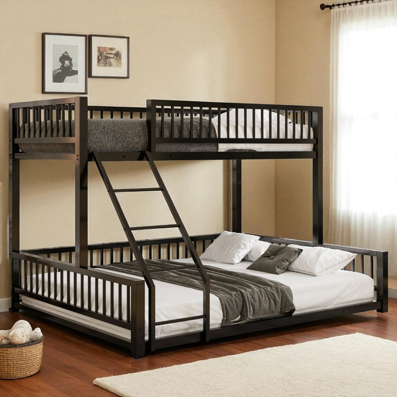 Floor Bunk Bed, Metal Frame with Ladder, Guardrails, No Box Spring Needed, Black With Slat, Twin XL Over Queen
