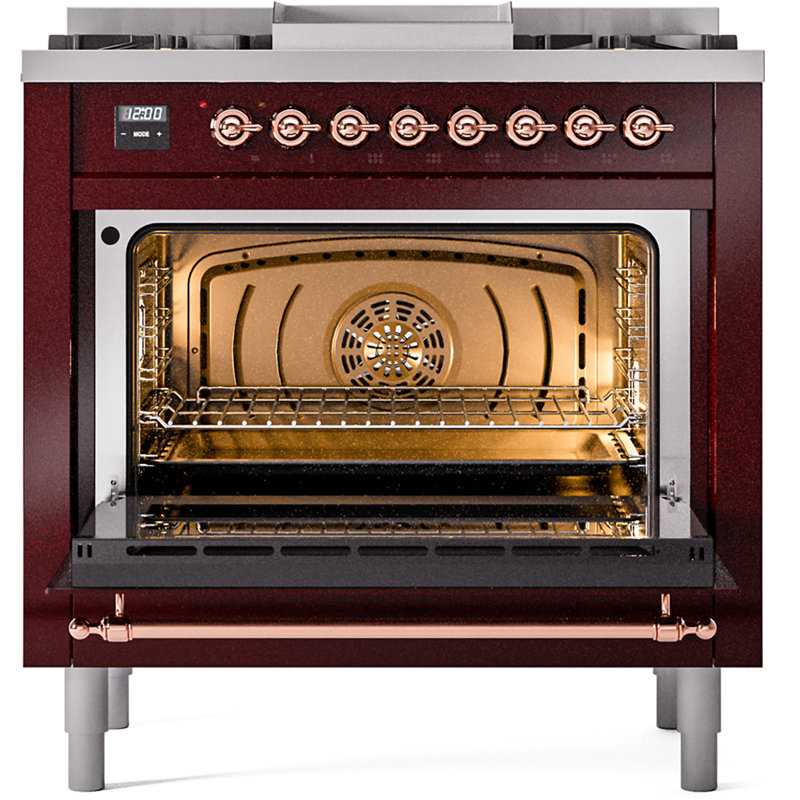 ILVE Nostalgie II 36 Dual Fuel Range, knobs, Burgundy/Copper, Liquid Propane