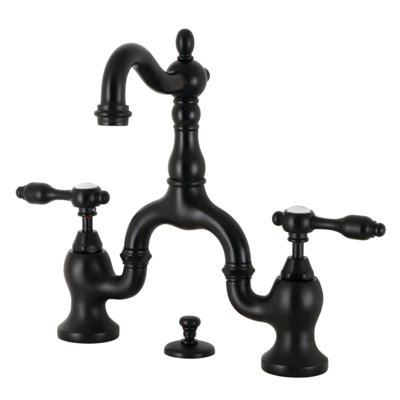 Kingston Brass Tudor Two-Handle 3-Hole Deck Mount Bridge Bathroom Faucet with Brass Pop-Up