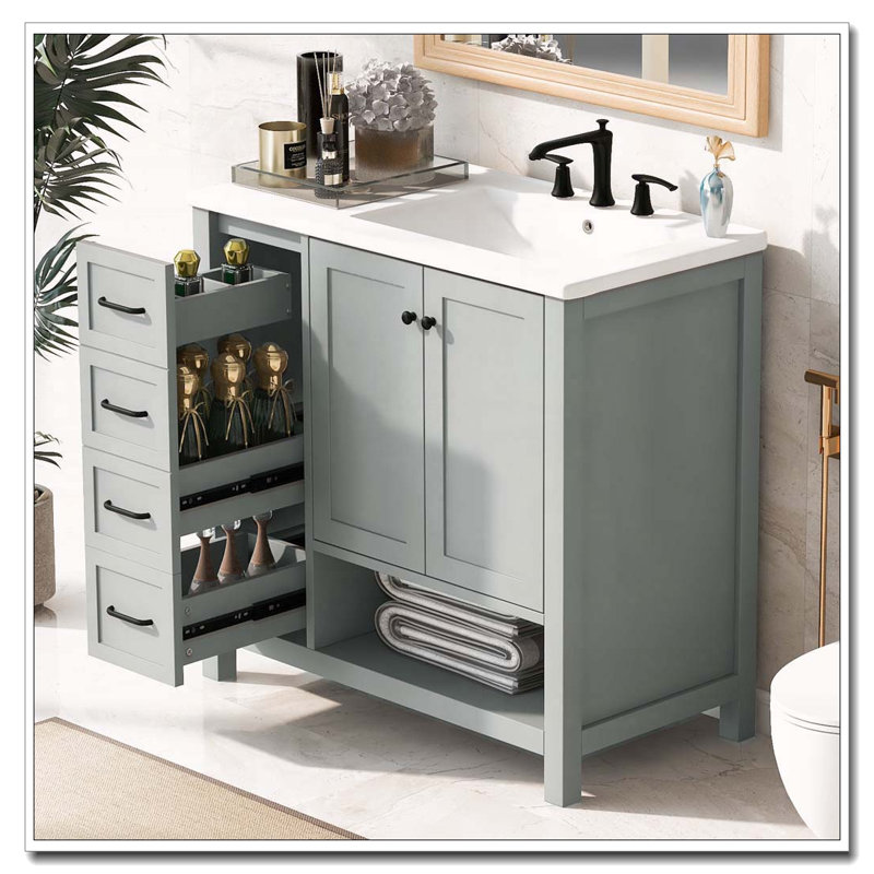 Meuble-lavabo moderne de 36 pouces avec lavabo en céramique et tablette ouverte, Gris