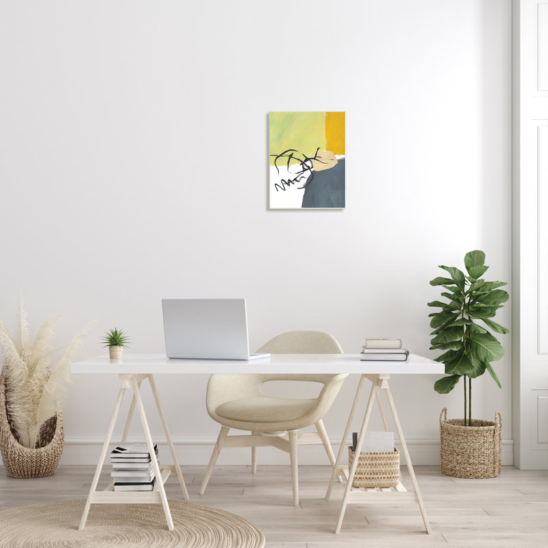 Jaune, gris, formes, fluides, lignes noires - Peinture, H 19 po x l 13 po x P 0,5 po, Unframed