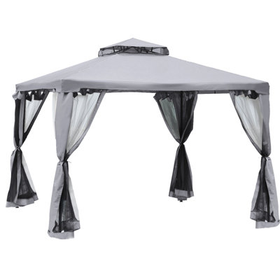 9.6' X Outdoor Gazebo With 2 Roof And Netting, Steel Frame Canopy Shelter For Garden, Lawn, Backyard, Deck, , Rainproof, Gray