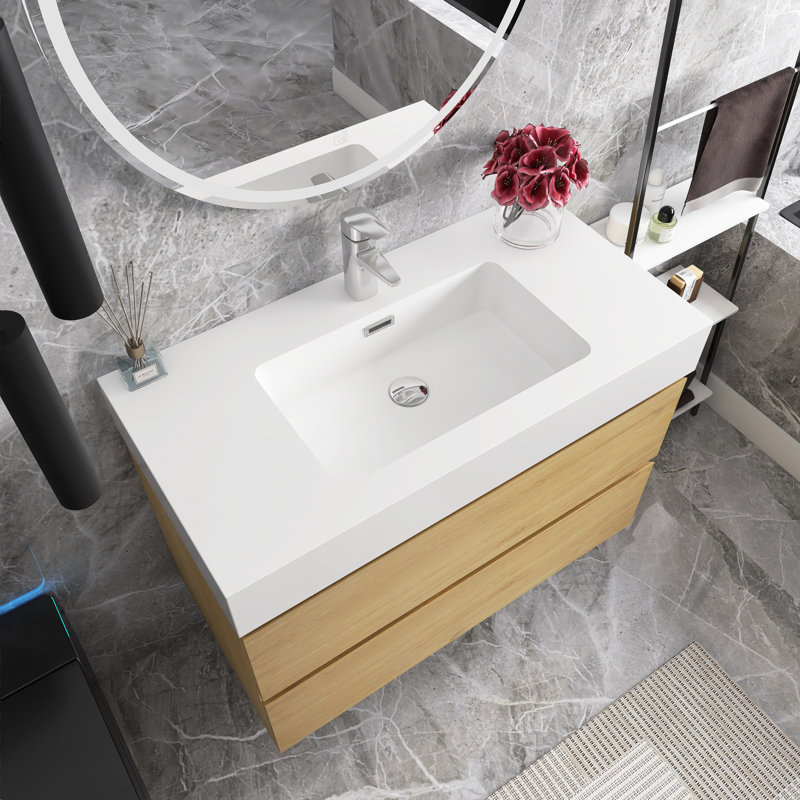 Meuble-lavabo mural simple 36 po avec plateau en résine blanche 36 po, Chêne