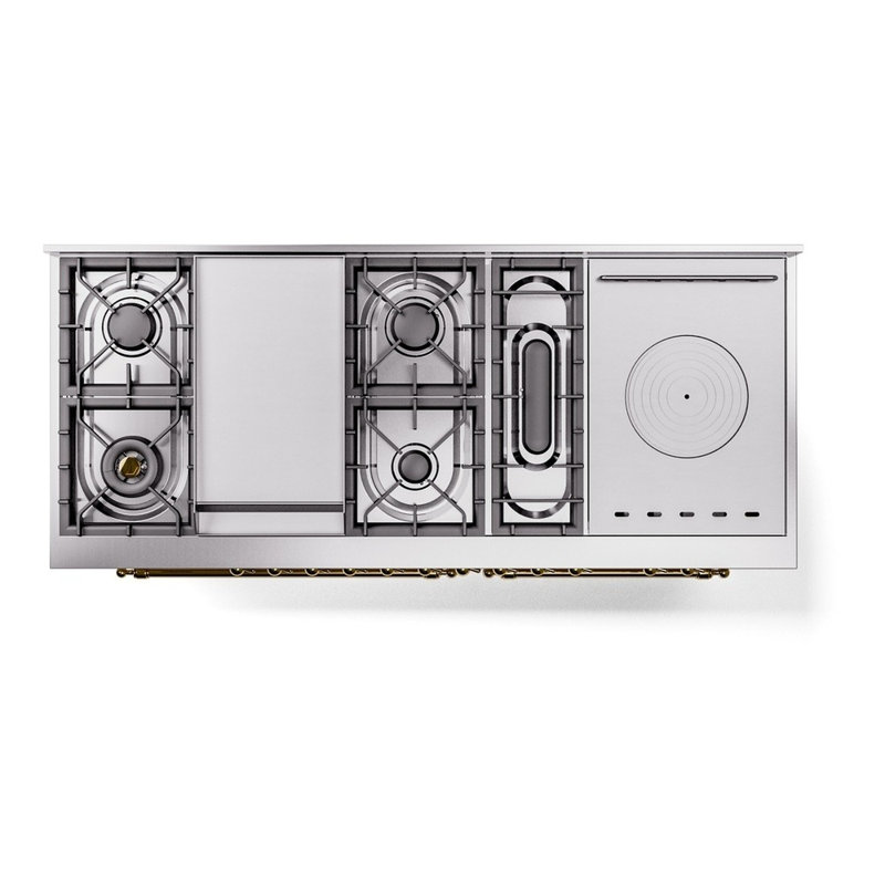 ILVE Nostalgie II 60 Dual Fuel Range, 5 Burners, Griddle, Frenchtop , Natural Gas, Antique White/Brass