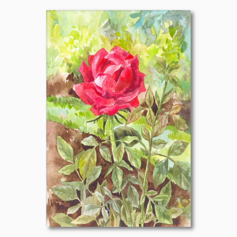 Simple fleur rouge dans le jardin - art mural traditionnel sur toile, H 20 po x l 12 po x P 1 po, Toile tendue