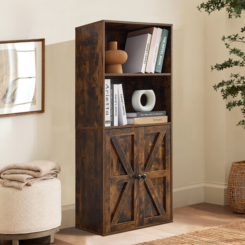 4-Tier Bookshelf With Door - Wooden Storage Bookcase, Display Cabinet For Home & Office, Brown, Brown