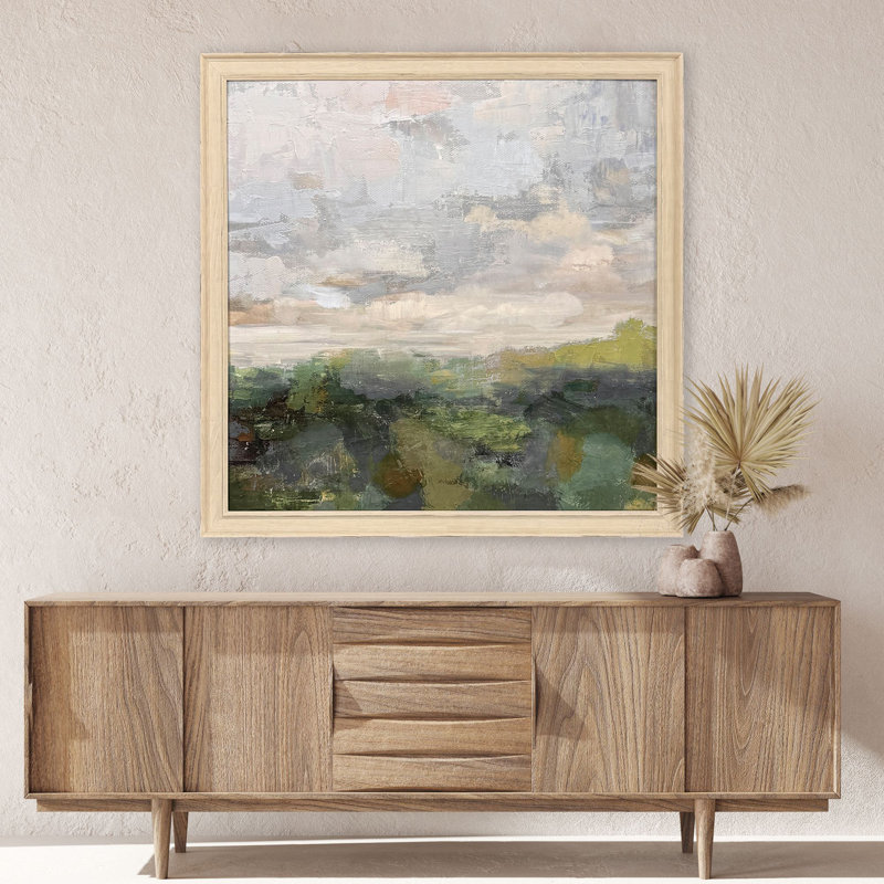 Sarah Lang Green and Gray Abstract Landscape Canvas with Distressed Ivory Frame