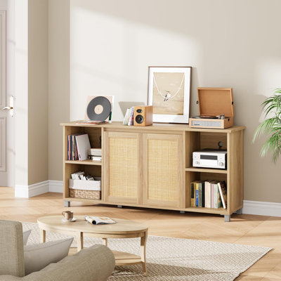 Meuble télé en rotin pour meuble télé avec tablettes de rangement de 70 pouces - Meuble audio-vidéo en bois pour salon, chambre à coucher, chêne naturel