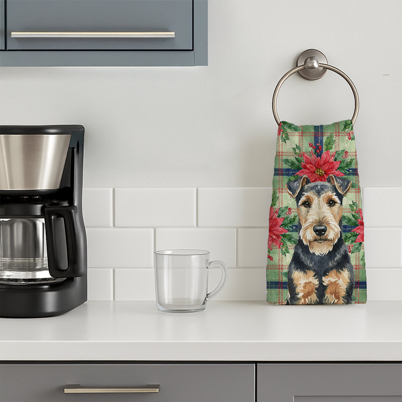 Welsh Terrier Christmas PoinsettIas Kitchen Towel, Black/Tan Welsh Terrier