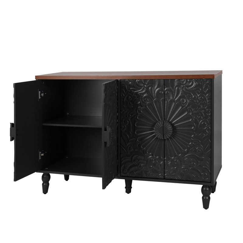 Buffet de 46,5 po de largeur à 4 portes avec plateau en bois à motif floral rétro et noir, noir, Black