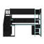 Lit mezzanine simple en bois à des fins de jeu, comprenant des escaliers pour le rangement, un bureau intégré, des tablettes et un panneau perforé-603650911-603650904