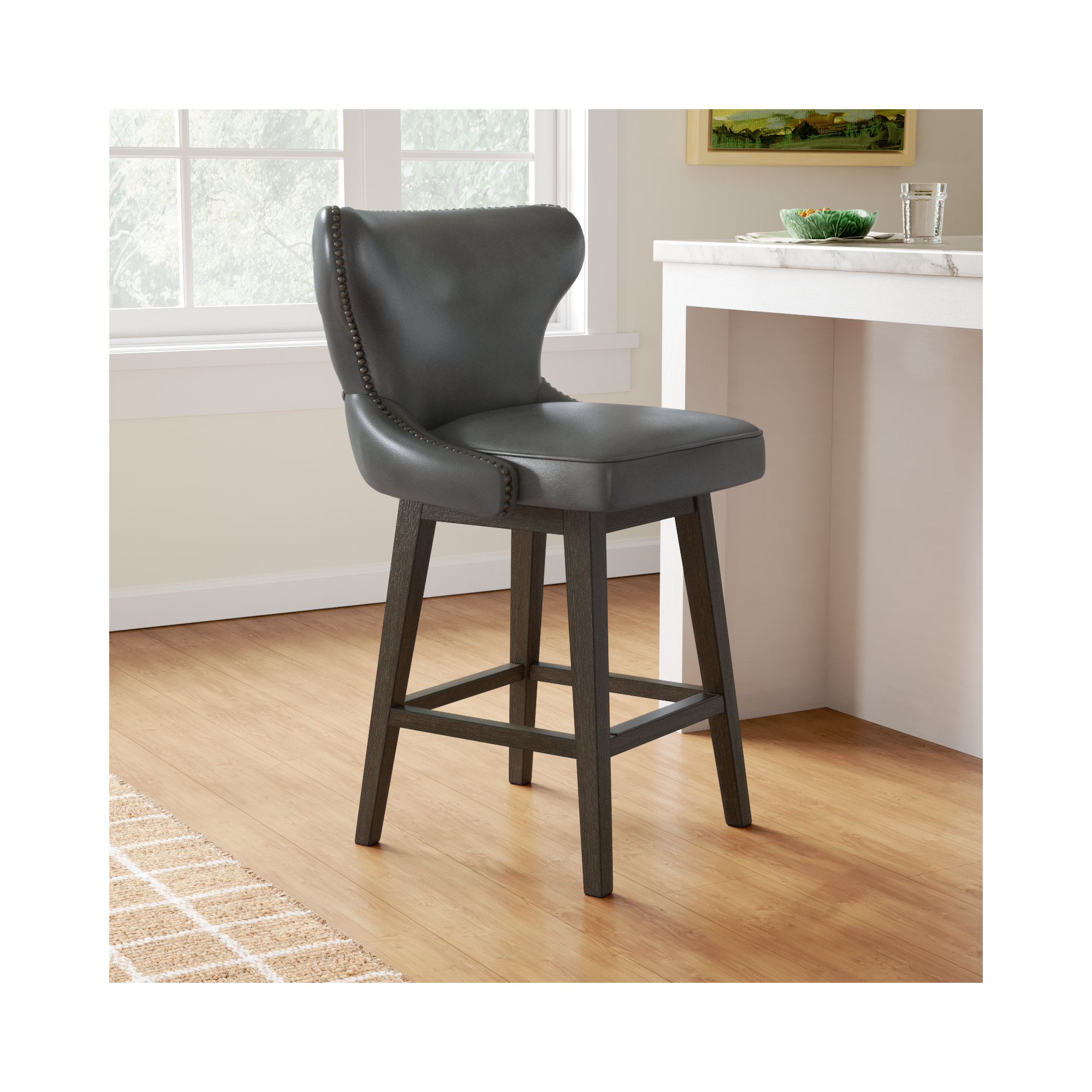 Caraline Leather Swivel Stool, Counter Stool (26" Seat Height), Wax Elephant Faux Leather