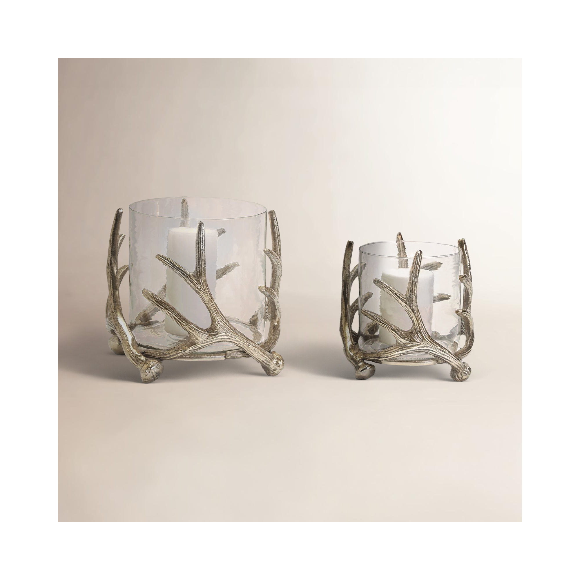Set Of 2 Silver Antler Candleholder And Glass Votive