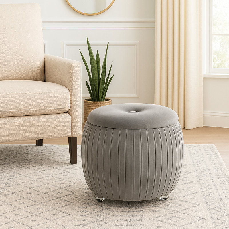 Conover Glamorous Velvet Round Storage Stool with Cushioned Seat – Vanity Stool or Foot Stool with Hidden Compartment – Backless Accent Stool for Compact Seating in Living Room, Bedroom, or Home Décor – Taupe