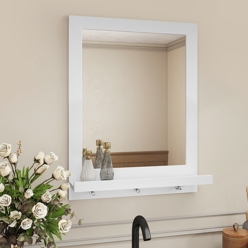 Miroir mural avec tablettes et crochets, blanc, Blanc