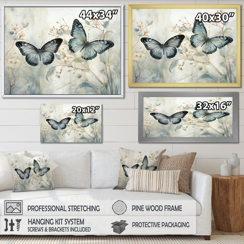 Berthilde Blue Beige Butterfly Wings Of Serenity On Canvas Print, Wrapped Canvas, 12" H x 20" W, No Frame