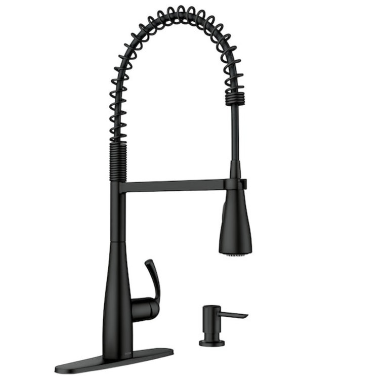 Moen Essie Pre-Rinse Spring Pull Down Single Handle Kitchen Faucet with Power Clean Technology and Soap Dispenser