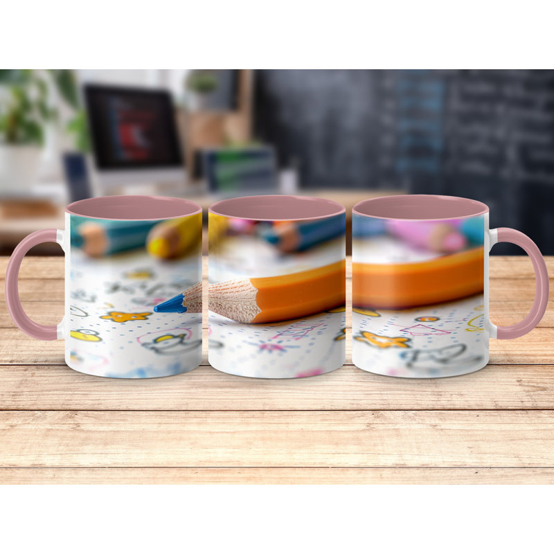 Kids Drawing Style 11oz Accent Mugs – Ceramic Coffee Cup with a Pink Handle and Interior