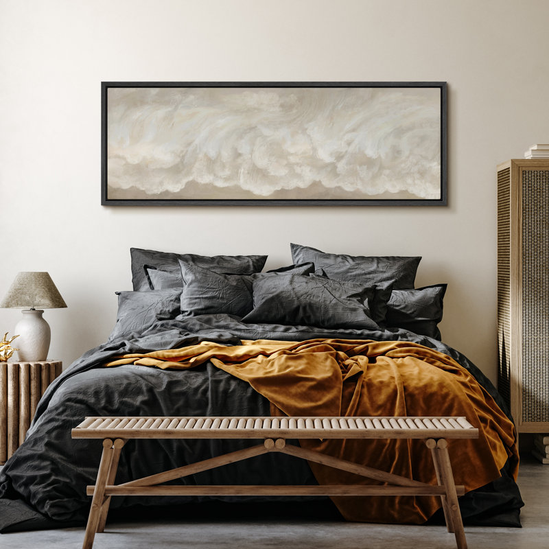Clouds Soft Cloud Abstract Serene Neutral Tones Antique Retro Decor Extra Large Artwork Print Wall Art, 20" H x 60" W, Black