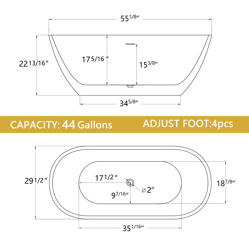 55'' x 29.5'' Freestanding Soaking Acrylic Bathtub with Integrated Slotted Overflow and Chrome Anti-clogging Drain