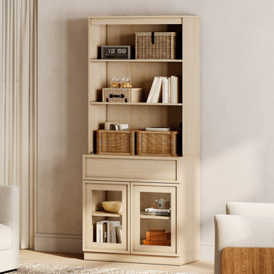 Modern 72" Tall Bookshelf with Glass Doors and Adjustable Shelves, Library Bookcase with Storage Cabinet and Drawer, Wood Book shelf for Home Office,