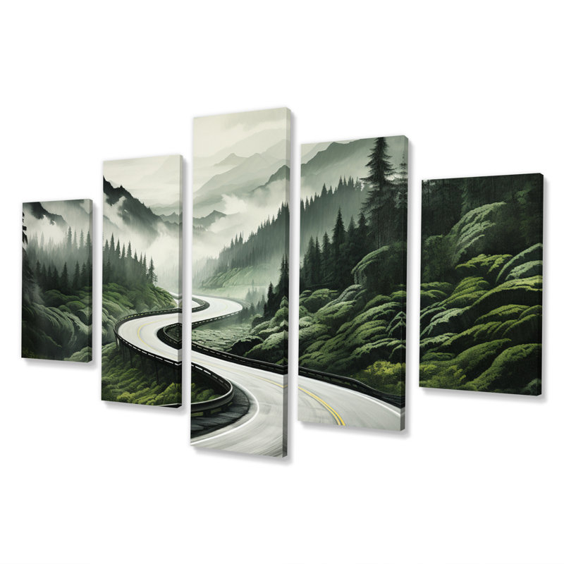 «Road Endless Journey In Green Mountain II», impression d'art mural paysages - 5 panneaux