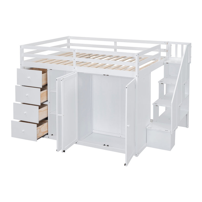 Lit mezzanine double avec rangement pour escalier, garde-robe et tiroirs intégrés - Lit superposé en bois massif blanc