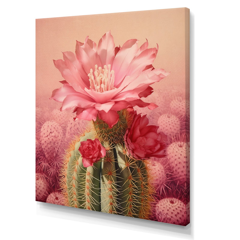 Cactus rose vert, collage minimal sur toile, H 44 po x l 34 po x P 1,5 po, Toile tendue