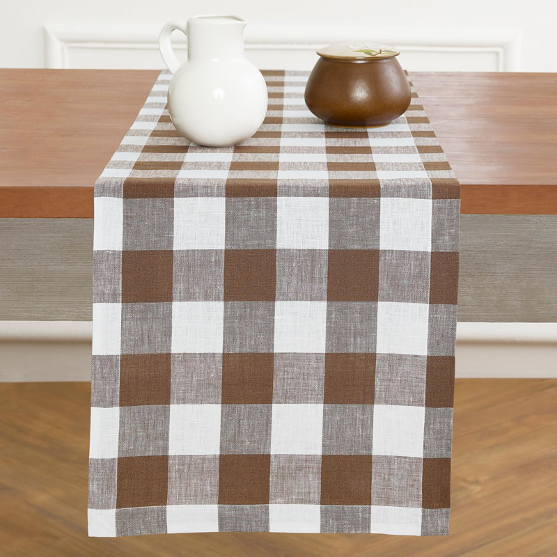 Buffalo Check - 100% Pure Linen Table Runner, 120" x 14", Coco Brown/White