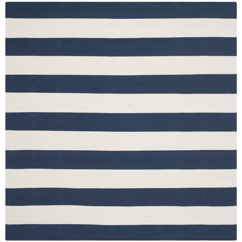 Brookvale Striped Handmade Flatweave Cotton Navy/Ivory Area Rug, Square 8'