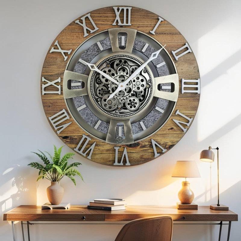 Wall Clock 24" Oversized for Living Room decor with Real Moving Gears England Collection, Wood Stone