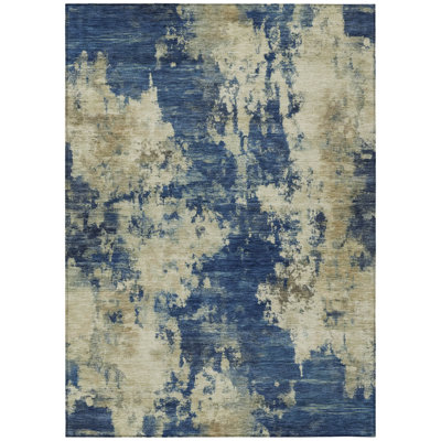 5' X 8' Navy Blue And Beige Abstract Washable Indoor Outdoor Area Rug