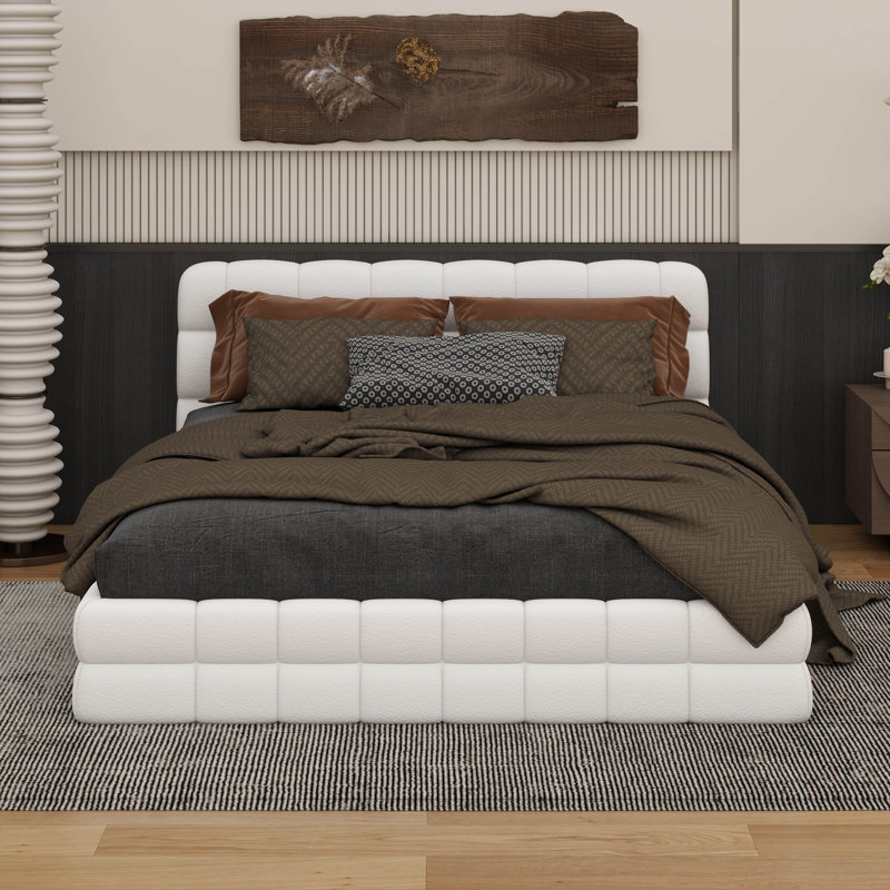 Queen Size Upholstered Platform Bed, White