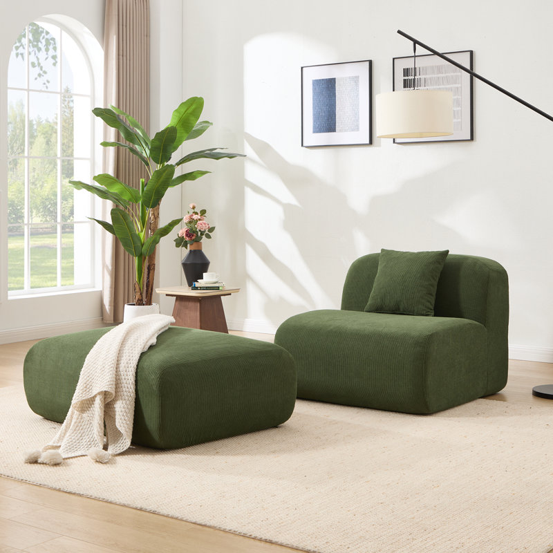 Chaise rembourrée sans accoudoirs avec repose-pieds modulaire sans cadre, Velours côtelé vert