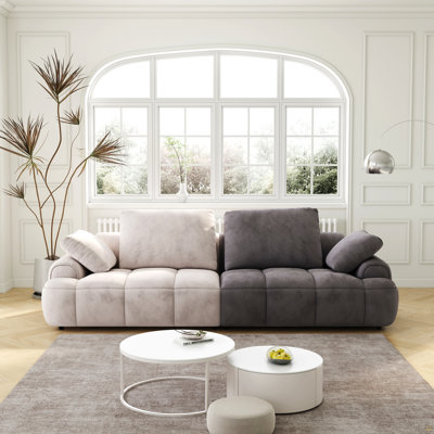 Canapé 86,6 po à deux places de grande taille, revêtu de tissu d'ameublement moderne, beige et tissu en suède gris