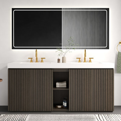 Meuble-lavabo sur pied en chêne fumé GALAN de 72 po avec lavabo, grand meuble-lavabo autoportant pour salle de bain moderne, lavabo à une pièce en quartz blanc sans bonde et robinet, LTL