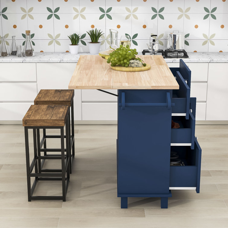 Blue Wood 50.3 in. Kitchen Island Set with Drop Leaf and 2-Seatings, D