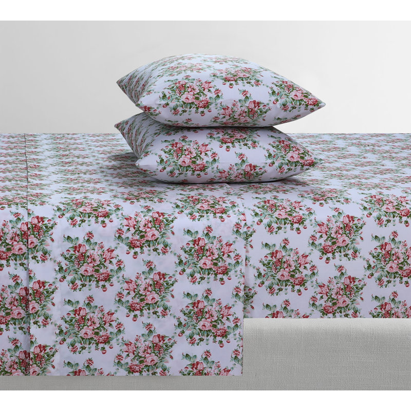 100% Cotton Sheets, 300 Thread Count Percale Weave Bedding, 16" Deep Pocket, King Sheet Set with 2 Pillowcases, Floral