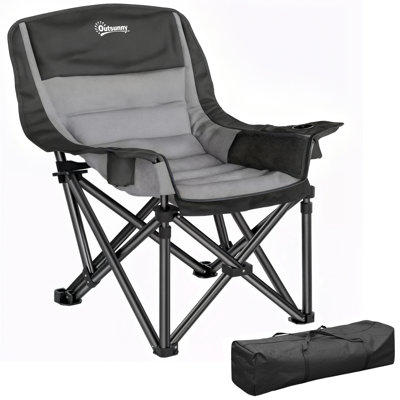 Chaise de camping rembourrée pour adultes, chaise de camping pliante portative avec poches latérales, porte-gobelets et sac de transport, chaise de camping d'extérieur pour la cour, la pêche et les sports, gris