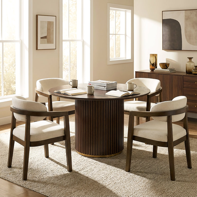 Logan 5-Piece Round Pedestal Dining Table Set With Upholstered Chairs, Walnut