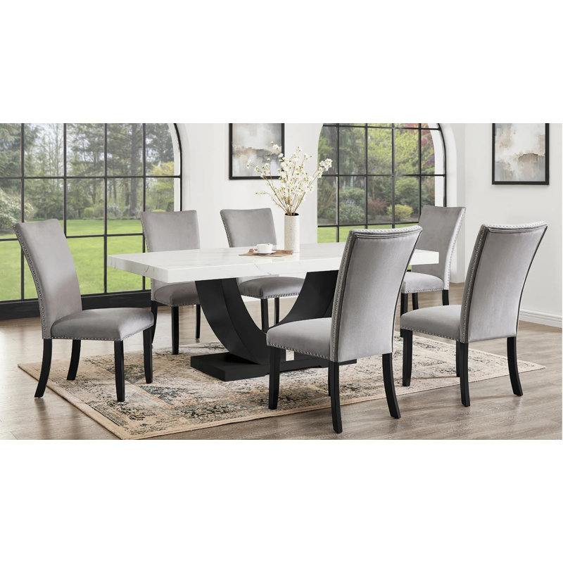 Ensemble de salle à manger en faux marbre 78 po Olney Modern avec 6 chaises (gris), Gris