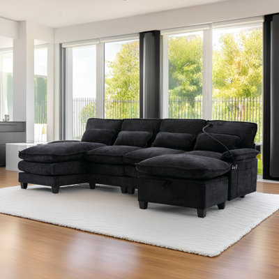 106" U Shaped Sectional Sofa Set with Storage Ottoman & USB Ports, Modular Cloud Couch with Chaise Lounge & Pillows