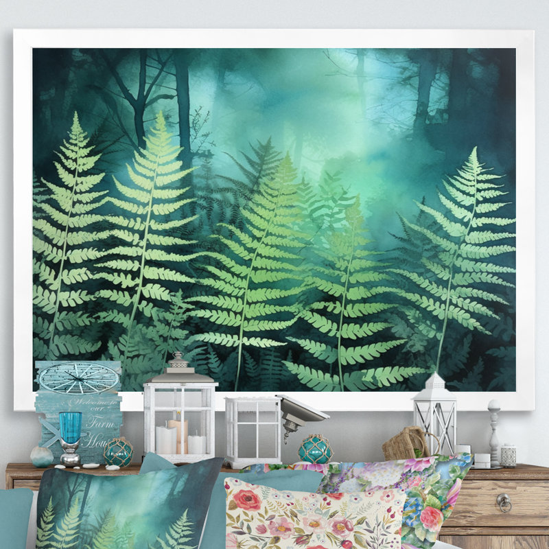 «Green Teal Fern Flowers», impression sur toile, H 34 po x l 44 po x P 1 po, Cadre photo blanc