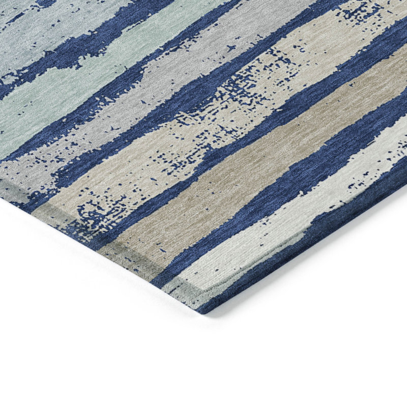Navy and Beige Striped Synthetic 8' x 10' Washable Rug