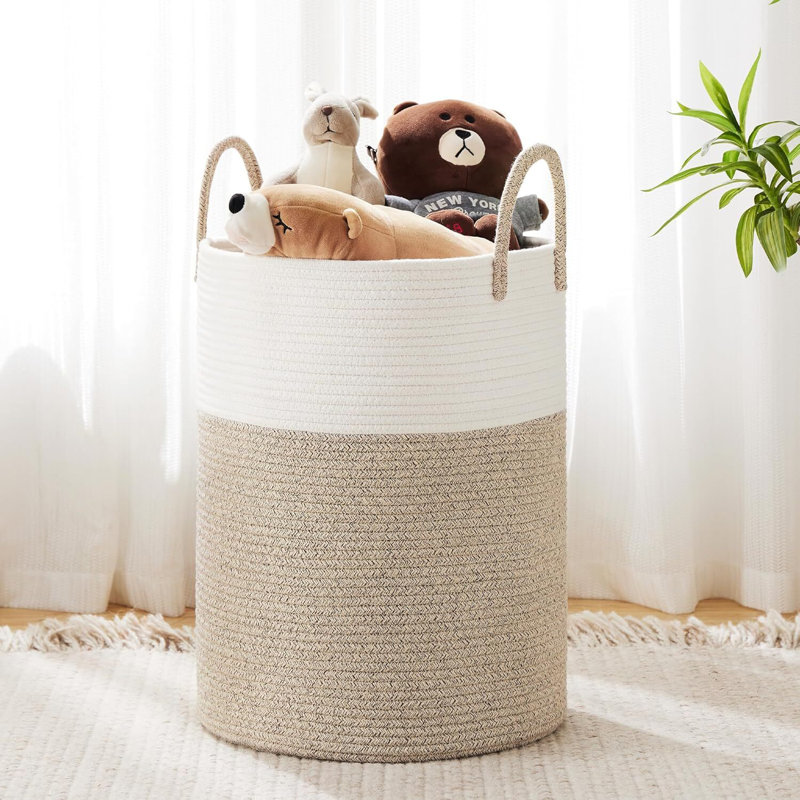 Panier à linge tissé avec poignées, Blanc / kaki, H 20 po x l 15 po x P 15 po