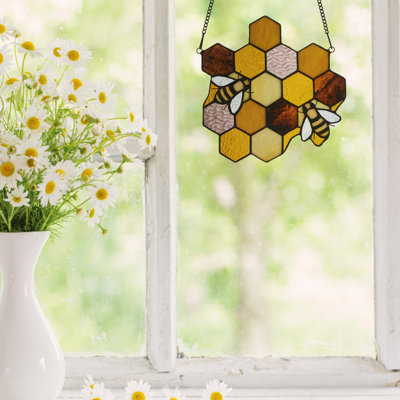 8.25"H Honeycomb Bees Tiffany-Style Window Panel