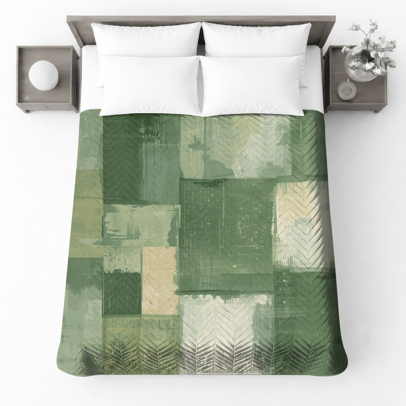 Green Beige Abstract Quilted Bedspread All Sizes, Full / Double